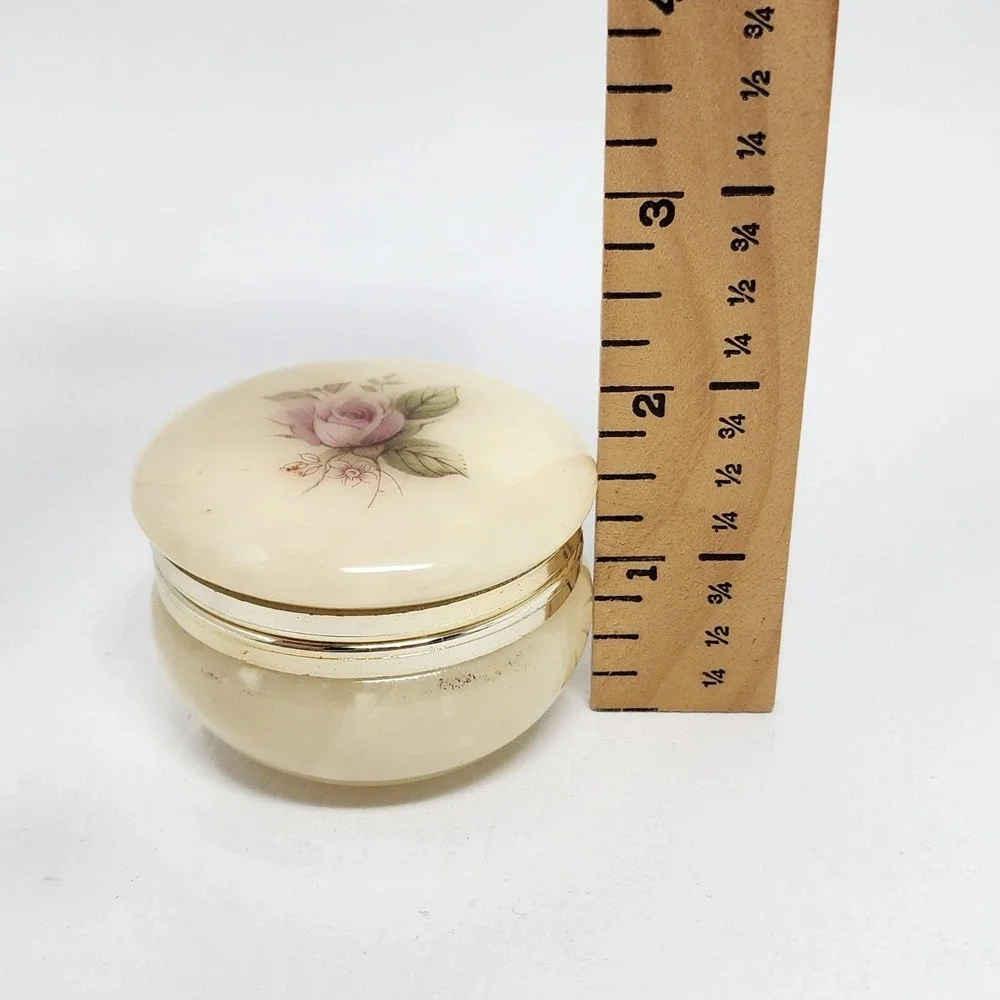 Vintage Alabaster Trinket Box Hand Painted Pink Rose Hinged Round Made in Italy